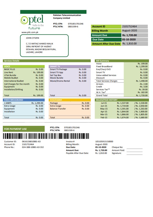 Pakistan PTCL utility bill template in Word and PDF format